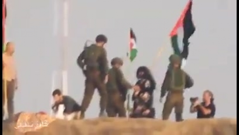 Solidarity activists raise the flags of, Palestine behind the site of an Israeli sniper on the, Gaza