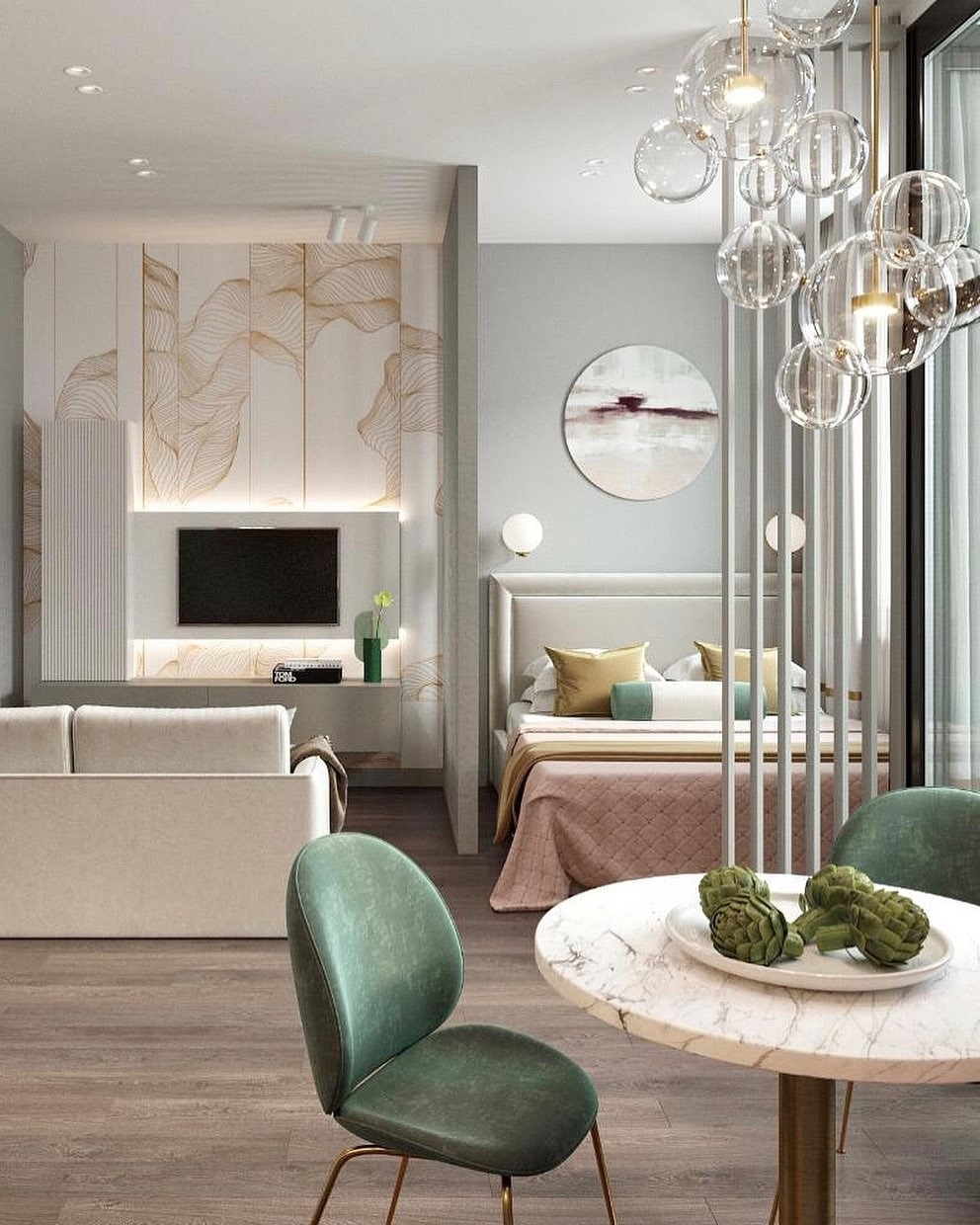 Какой дизайн-проект больше нравится: в теплой (1, кровать у окна) или холодной (2, диван у окна) цветовой гамме?