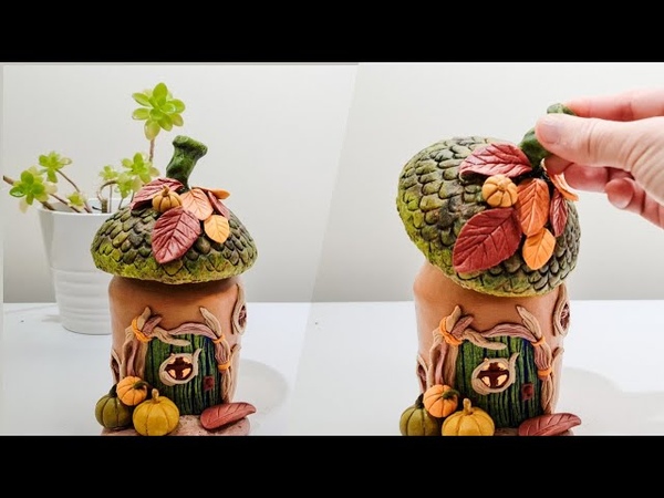 Autumn Fairy House Using Jar Air Dry Clay, Easy DIY Thanksgiving Craft